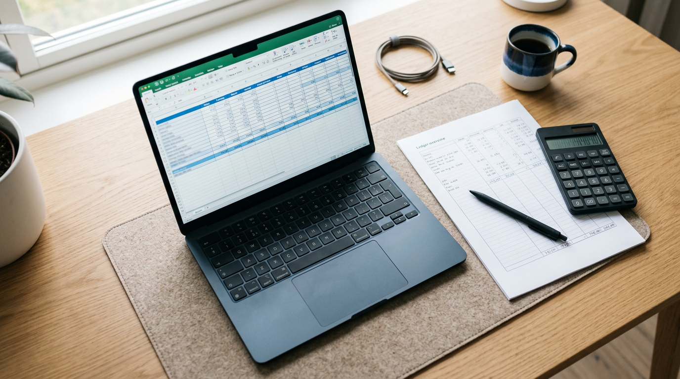 Bureau met laptop met begrotingstabel per maand, grootboekoverzicht, pen en rekenmachine