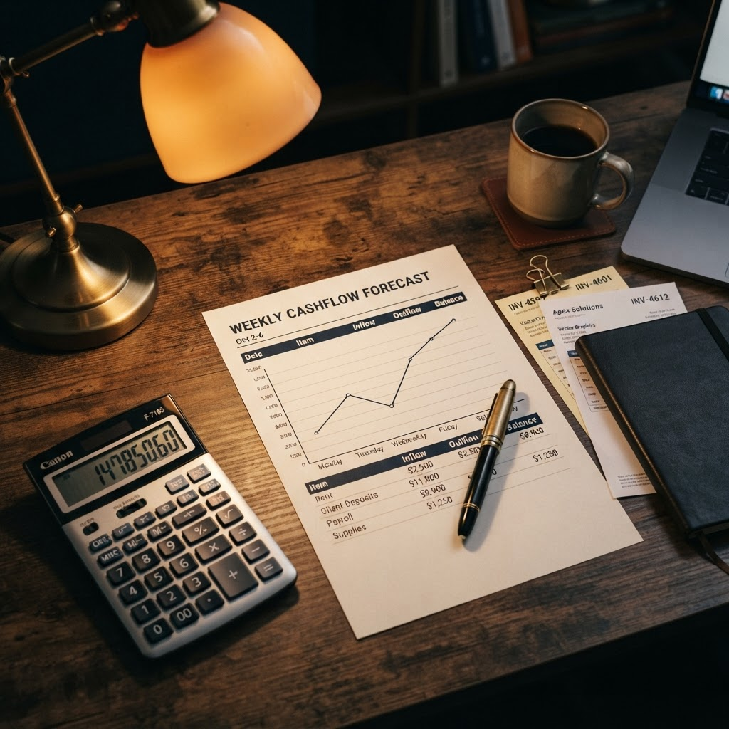 Financieel dashboard met cashflowgrafiek en weekoverzicht op een bureau