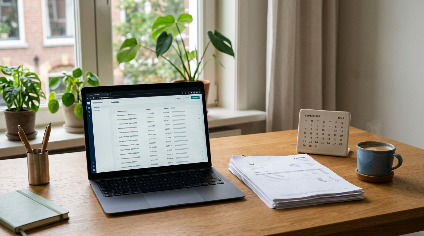 Werkplek met laptop met factuuroverzicht, papieren facturen en een agenda