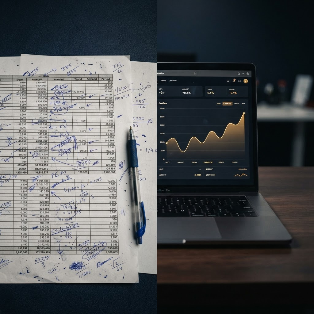 Spreadsheet met financiële cijfers naast een modern cashflow-dashboard op een laptop